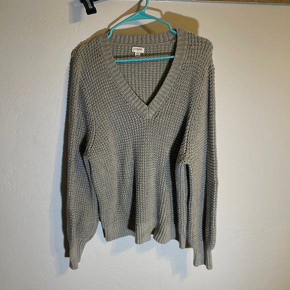 JCrew Gray Loose Knit Cotton Balloon Sleeve V Neck Sweater - Picture 2 of 6